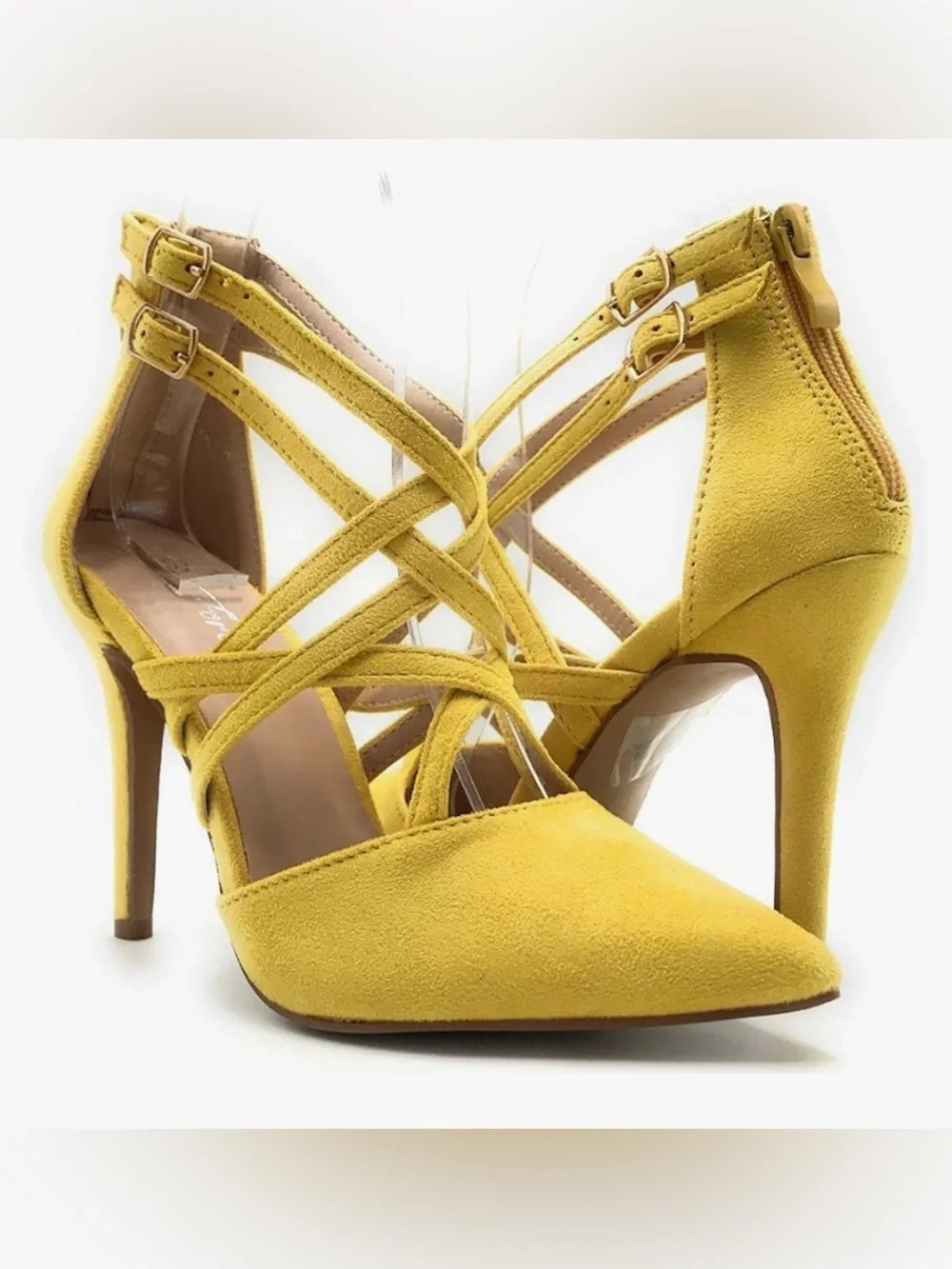 Forever 21 Womens Forever Women Mustard Suede Crossed Strap Pointy Toe Stiletto